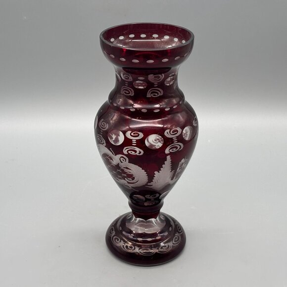 Vintage Cut to Clear Bohemian Egerman Ruby Red Etched Glass Bird Castle Vase - Picture 1 of 8